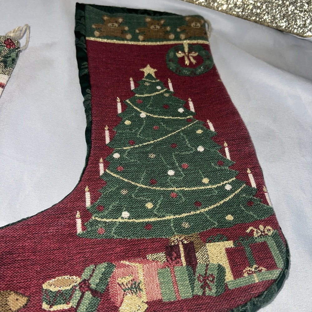 Lot Of 2 Vintage Christmas Stockings Santa Tree , Gold , Wine Unique Boho - Picture 4 of 10